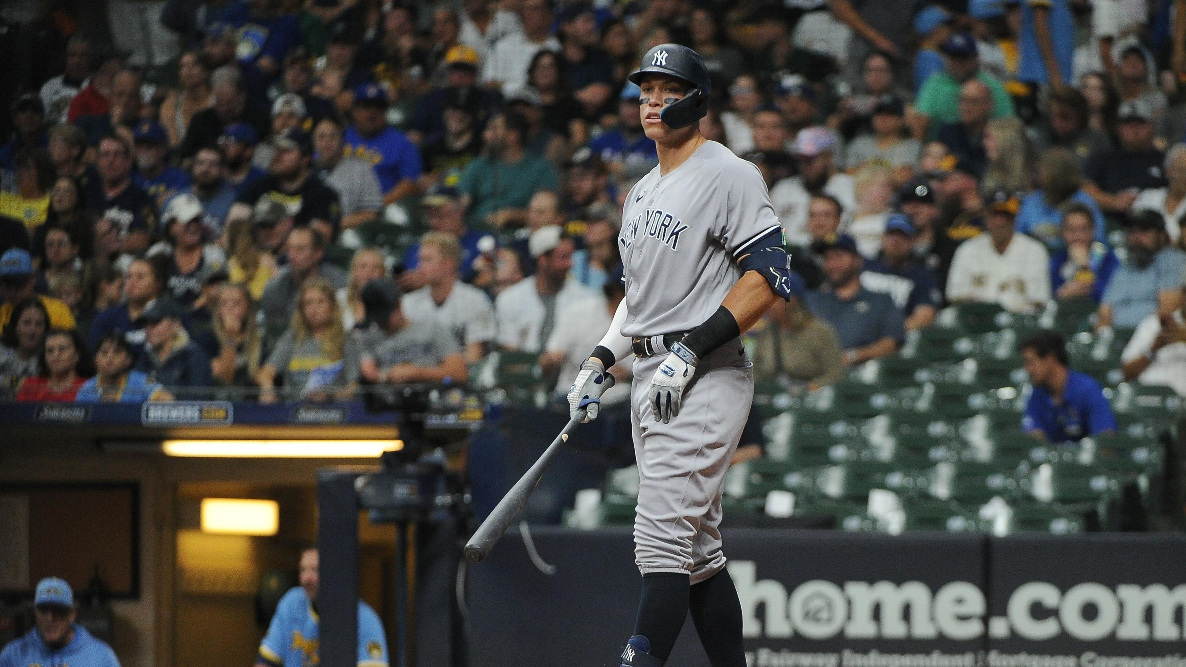 Sep 17, 2022; Milwaukee, Wisconsin, USA; New York Yankees center fielder Aaron Judge (99) up to bat against the Milwaukee Brewers in the fifth inning at American Family Field. Mandatory Credit: Michael McLoone-USA TODAY Sports