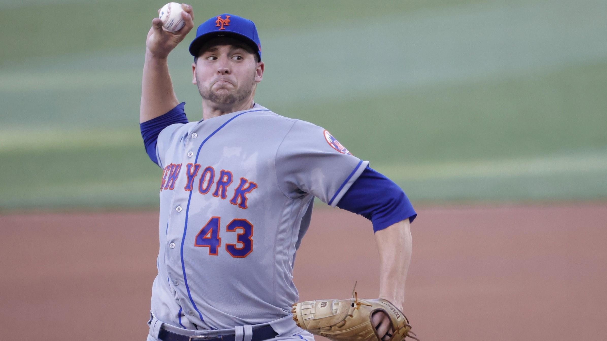 Jun 28, 2021; Washington, District of Columbia, USA; New York Mets starting pitcher Jerad Eickhoff (43) pitches against the Washington Nationals in the first inning at Nationals Park.