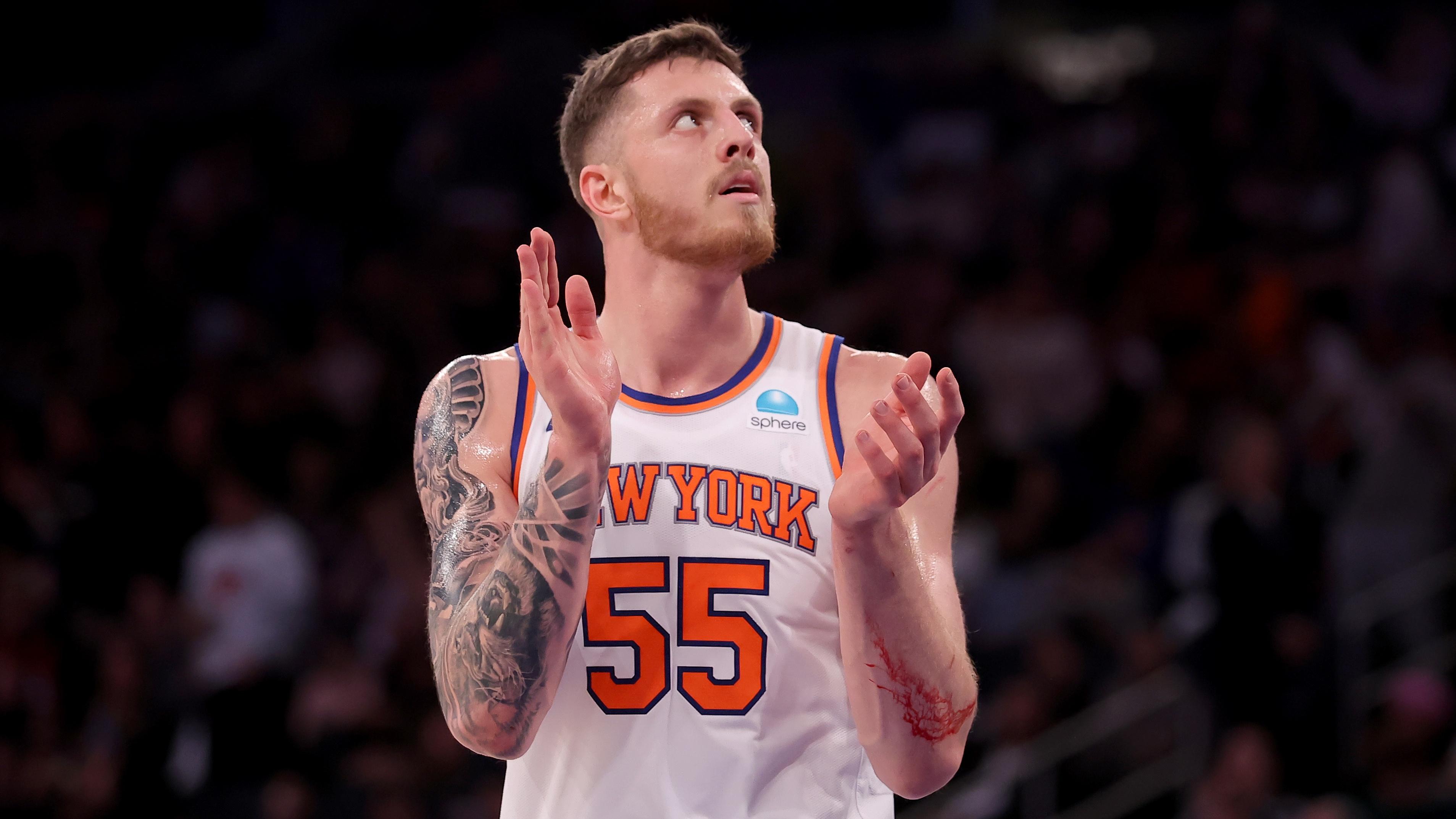 New York Knicks center Isaiah Hartenstein (55) reacts during the third quarter against the Chicago Bulls at Madison Square Garden