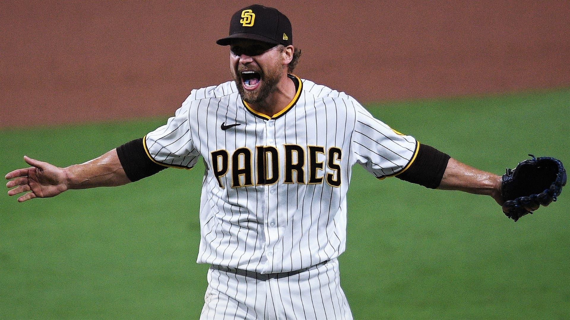 Oct 2, 2020; San Diego, California, USA; San Diego Padres relief pitcher Trevor Rosenthal (47) reacts after the Padres defeated the St. Louis Cardinals at Petco Park. Mandatory Credit: Orlando Ramirez-USA TODAY Sports / © Orlando Ramirez-USA TODAY Sports