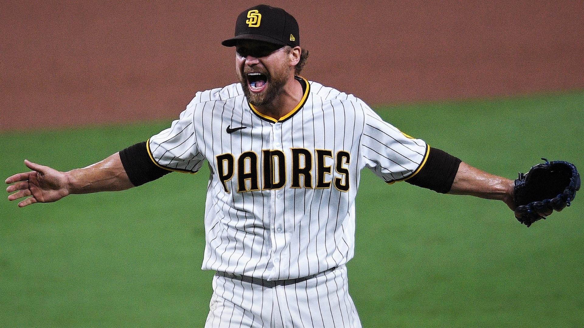 Oct 2, 2020; San Diego, California, USA; San Diego Padres relief pitcher Trevor Rosenthal (47) reacts after the Padres defeated the St. Louis Cardinals at Petco Park. Mandatory Credit: Orlando Ramirez-USA TODAY Sports