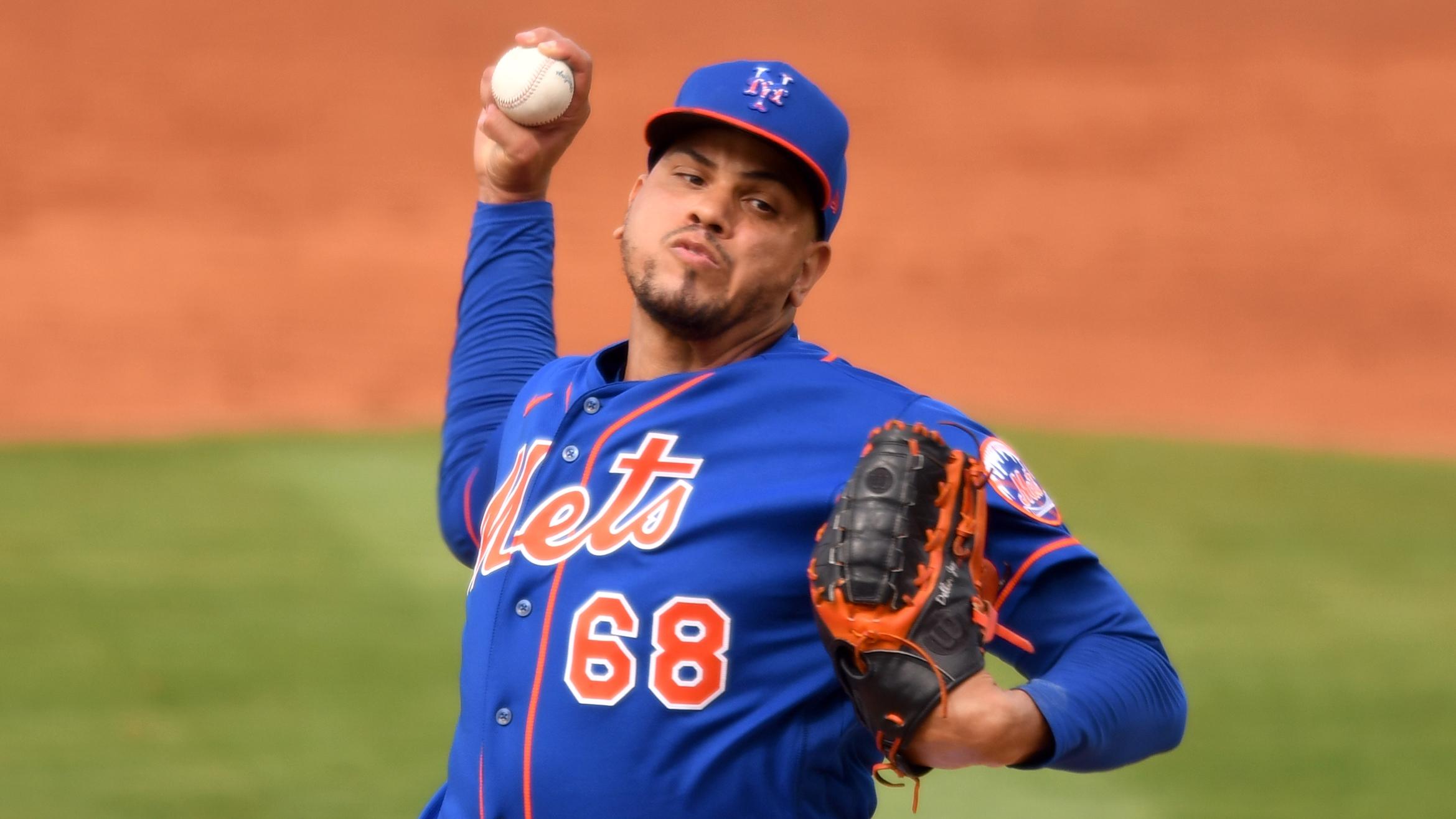 Mar 4, 2021; Port St. Lucie, Florida, USA; New York Mets relief pitcher Dellin Betances (68) pitches against the Washington Nationals in the fifth inning of a spring training game at Clover Park.