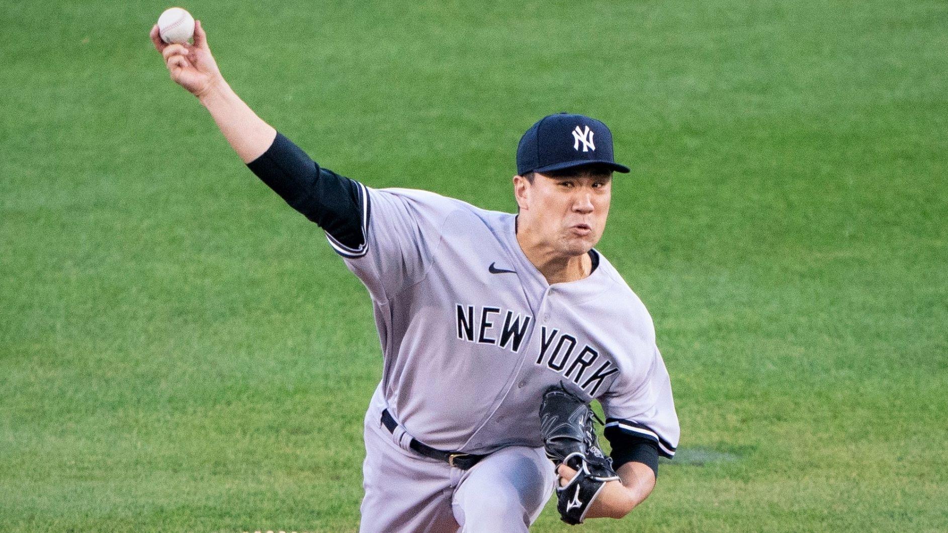 Sep 23, 2020; Buffalo, New York, USA; New York Yankees pitcher Masahiro Tanaka (19) delivers a pitch during the first inning against the Toronto Blue Jays at Sahlen Field. Mandatory Credit: Gregory Fisher-USA TODAY Sports