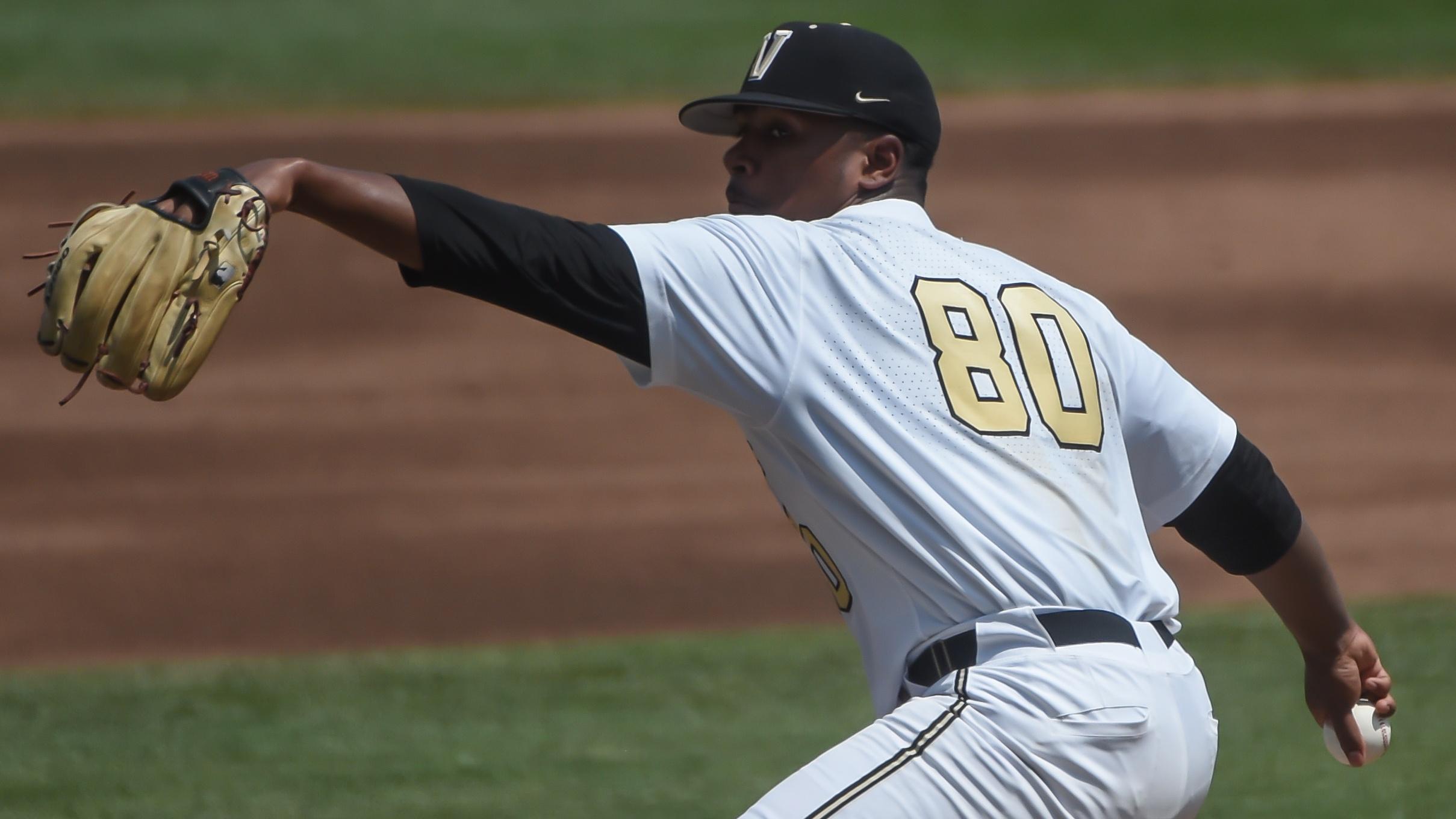 Jun 25, 2021; Omaha, Nebraska, USA; Vanderbilt Commodores starting pitcher Kumar Rocker (80) pitches in the second inning against the NC State Wolfpack at TD Ameritrade Park. Mandatory Credit: Steven Branscombe-USA TODAY Sports