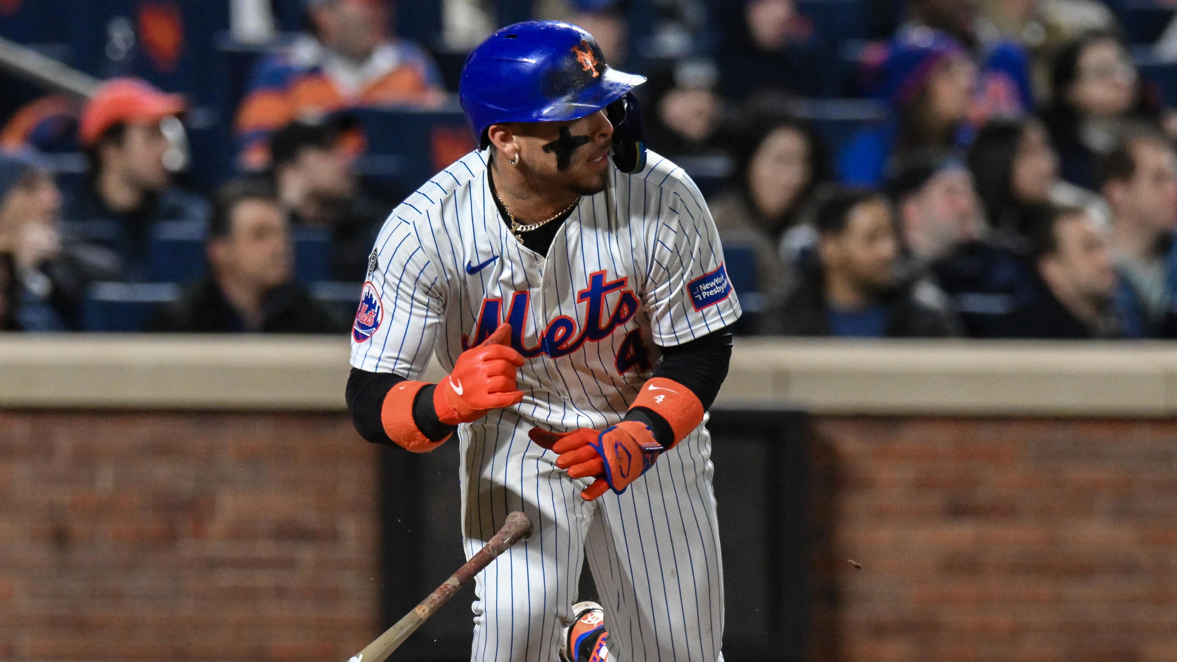 Apr 1, 2024; New York City, New York, USA; New York Mets catcher Francisco Alvarez (4) hits a double against the Detroit Tigers during the sixth inning at Citi Field. 