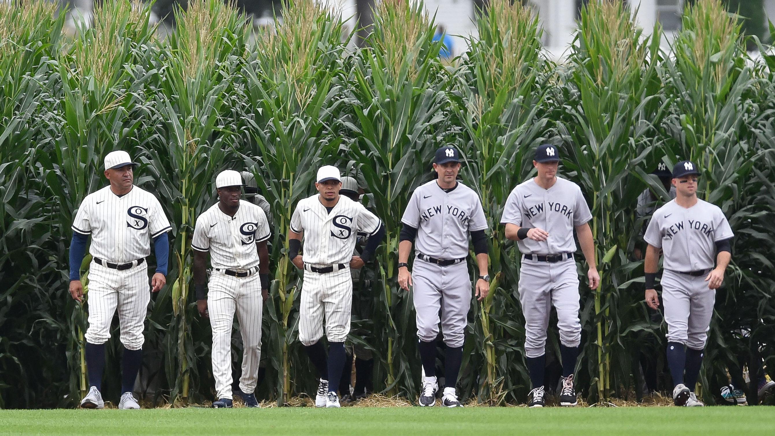 Aug 12, 2021; Dyersville, Iowa, USA; Players enter the Field of Dreams before a game between the Chicago White Sox and the New York Yankees