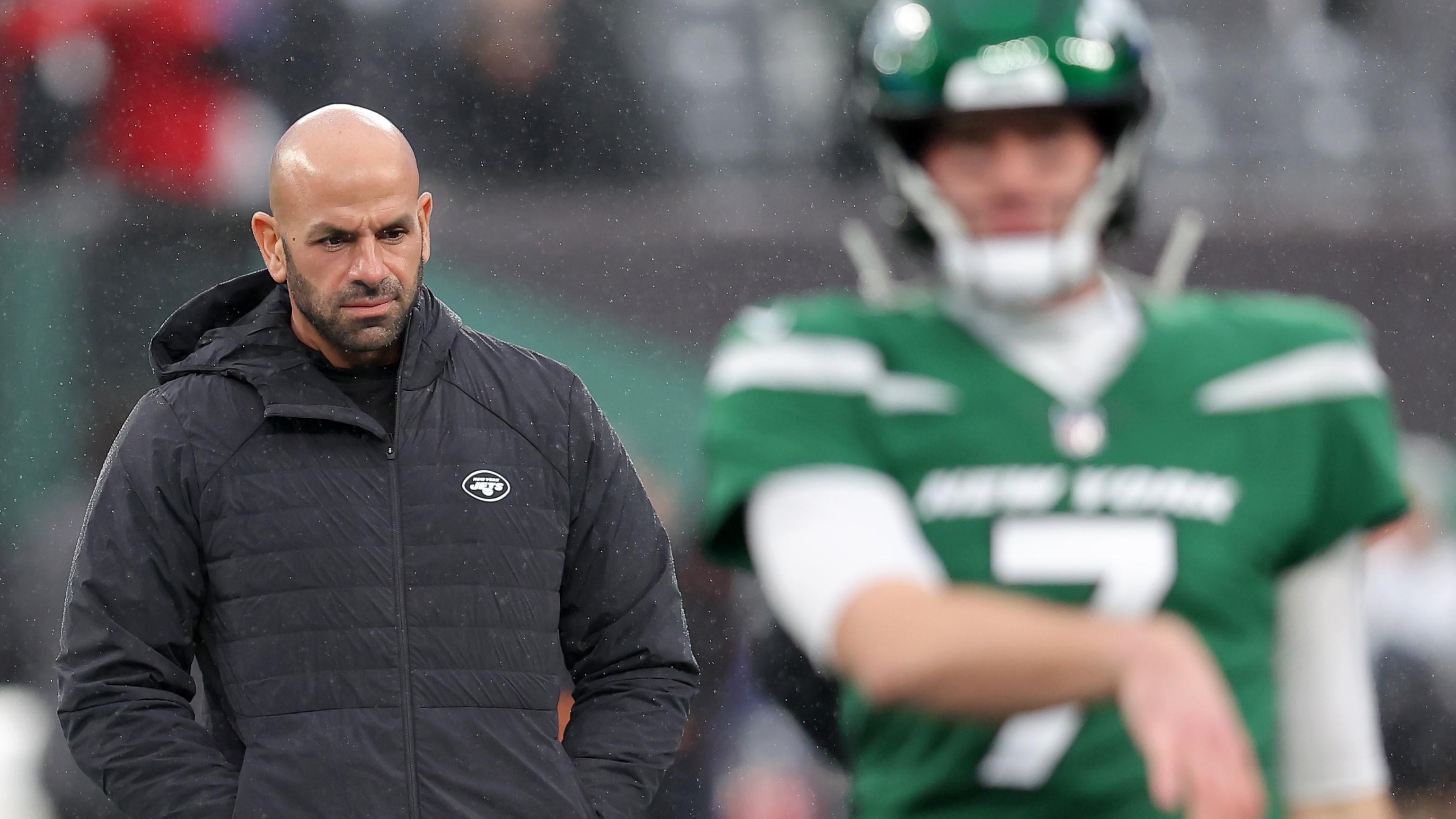 Dec 3, 2023; East Rutherford, New Jersey, USA; New York Jets head coach Robert Saleh watches as quarterback Tim Boyle (7) warms up before a game against the Atlanta Falcons at MetLife Stadium. Mandatory Credit: Brad Penner-USA TODAY Sports