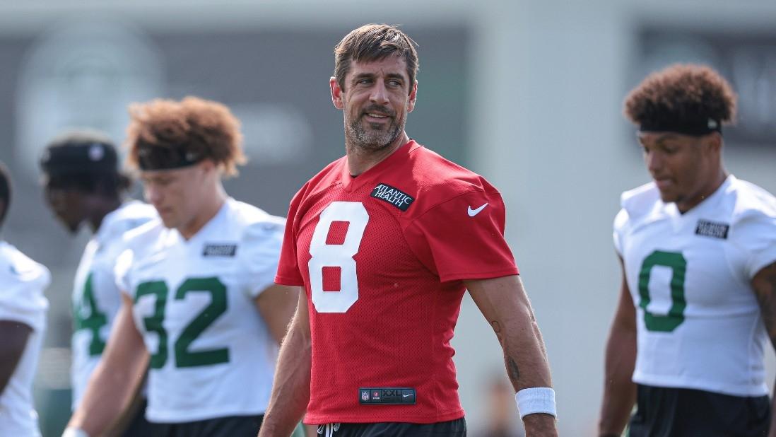 New York Jets quarterback Aaron Rodgers (8) looks back during training camp at Atlantic Health Jets Training Center. 