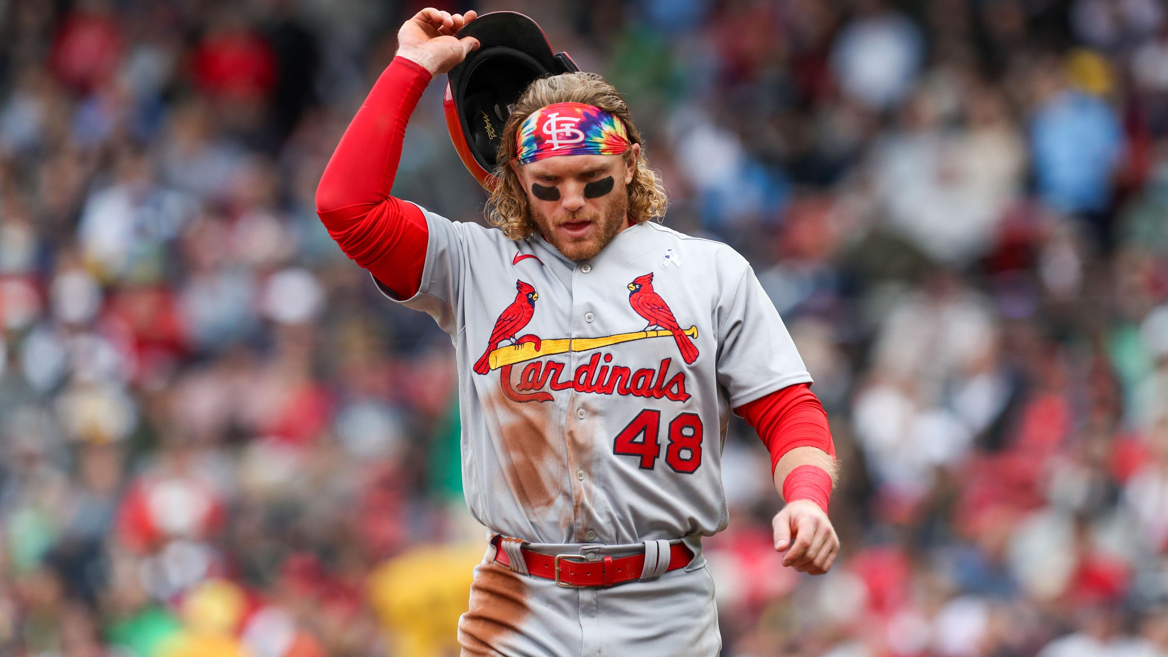 St. Louis Cardinals center fielder Harrison Bader (48) reacts during the fourth inning against the Boston Red Sox at Fenway Park.