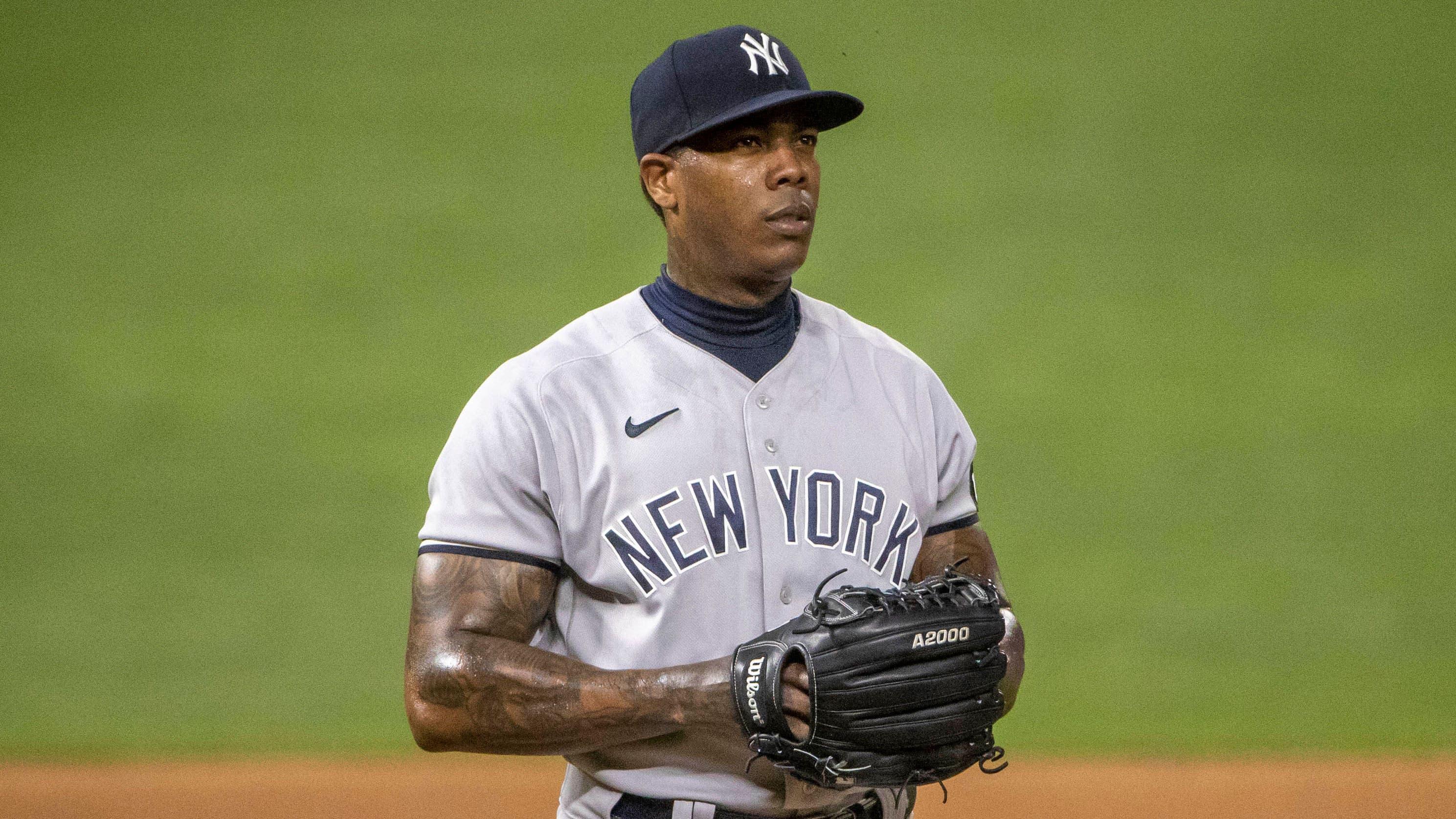 Jun 10, 2021; Minneapolis, Minnesota, USA; New York Yankees relief pitcher Aroldis Chapman (54) looks on during the ninth inning against the Minnesota Twins at Target Field. / Jesse Johnson-USA TODAY Sports