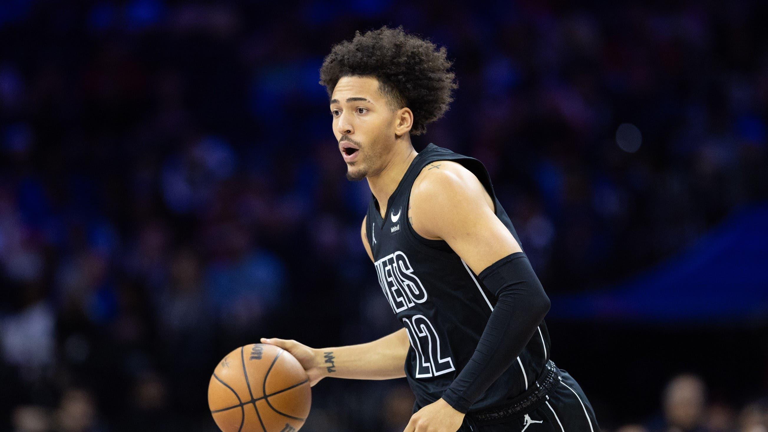 Apr 14, 2024; Philadelphia, Pennsylvania, USA; Brooklyn Nets forward Jalen Wilson (22) dribbles the ball against the Philadelphia 76ers during the first quarter at Wells Fargo Center. 