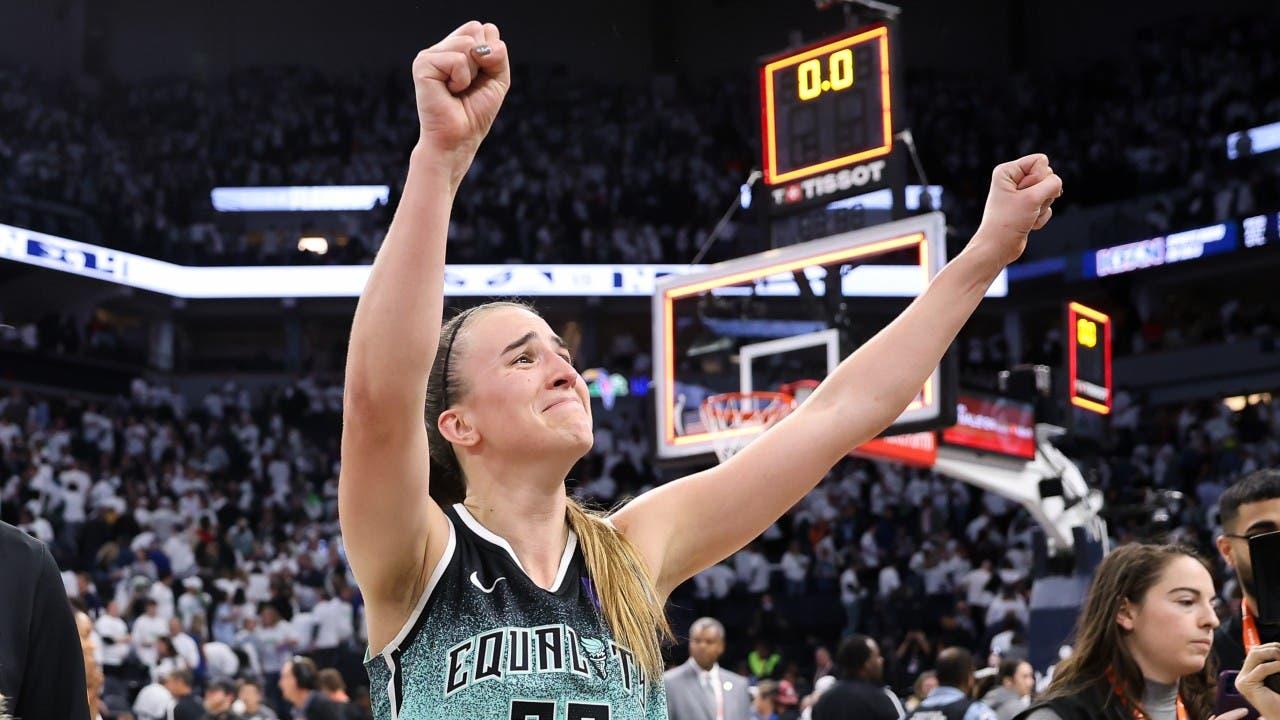 New York Liberty guard Sabrina Ionescu (20) celebrates her teams win after game three of the 2024 NBA Finals against the Minnesota Lynx at Target Center. / Matt Krohn-Imagn Images