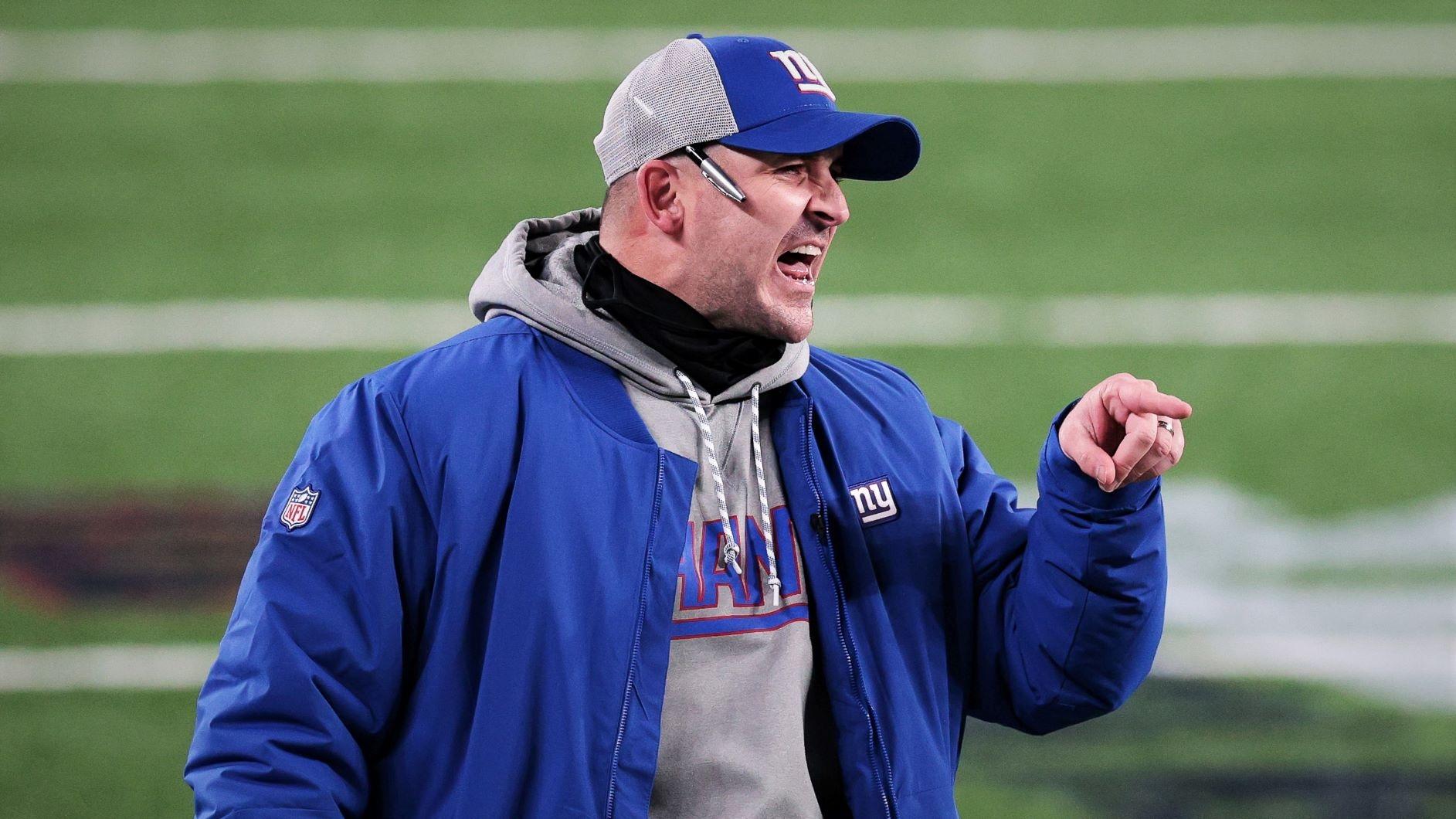 Nov 2, 2020; East Rutherford, New Jersey, USA; New York Giants head coach Joe Judge reacts after a flag was picked up on a two point conversion during the second half against the Tampa Bay Buccaneers at MetLife Stadium.