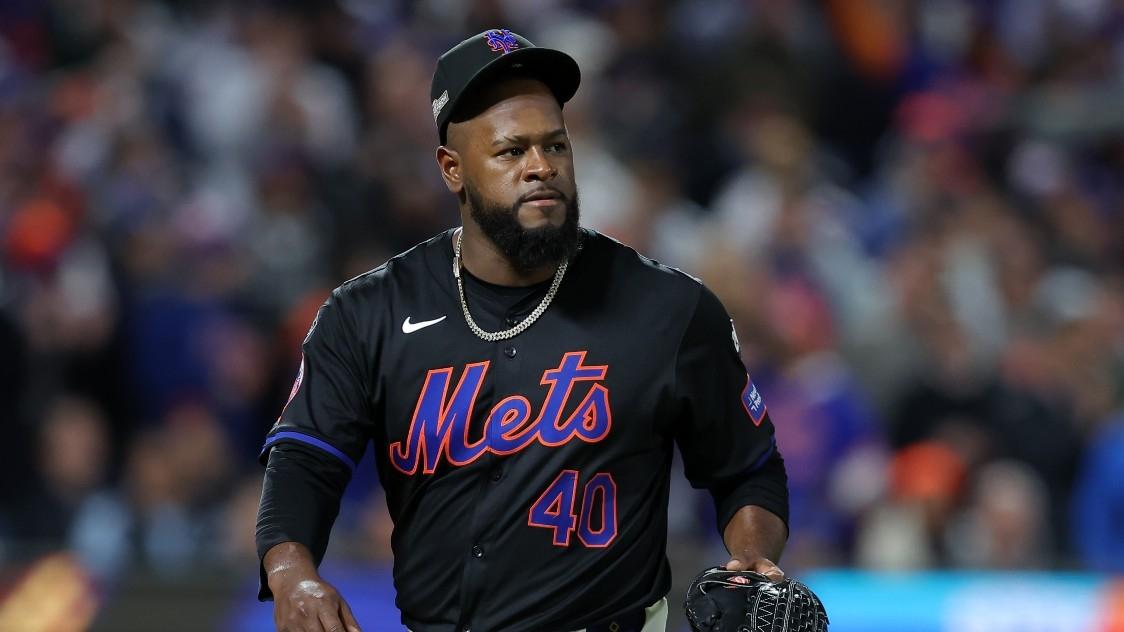 New York Mets pitcher Luis Severino (40) reacts after an out against the Los Angeles Dodgers in the first inning during game three of the NLCS for the 2024 MLB playoffs at Citi Field.