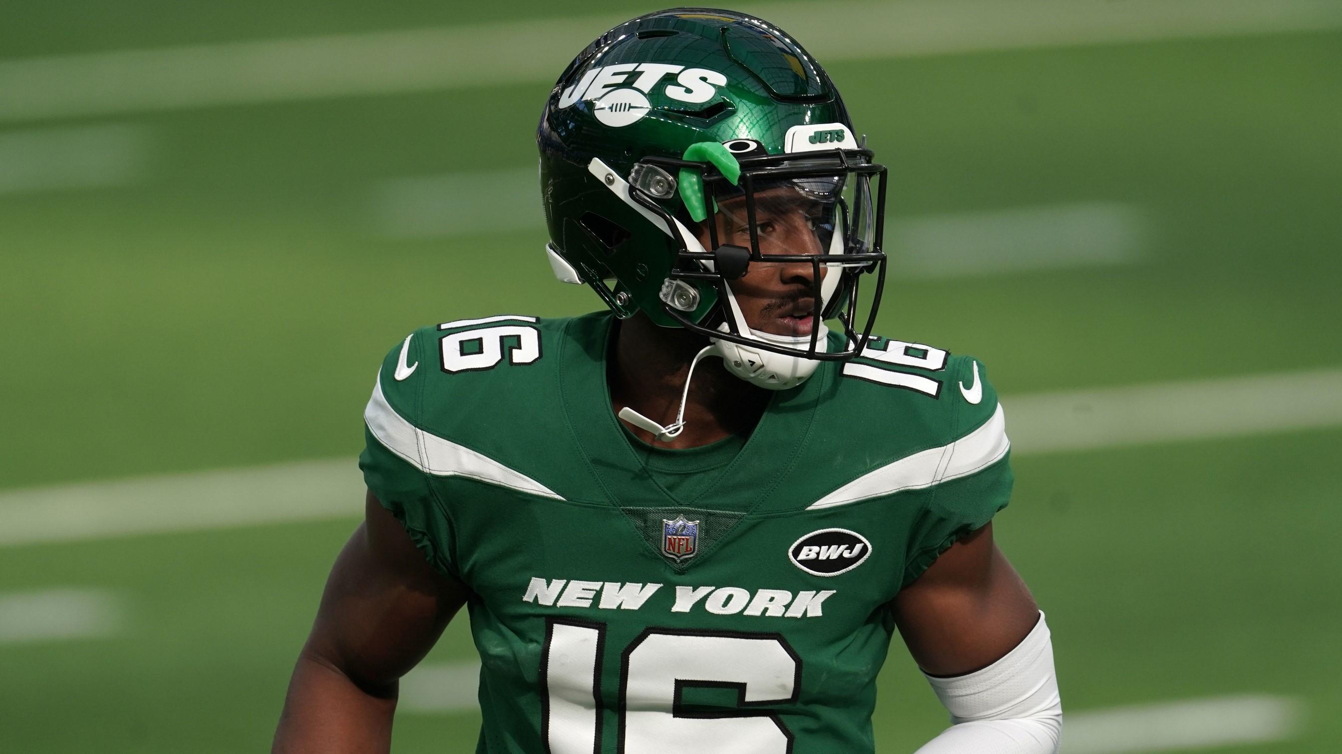 Dec 20, 2020; Inglewood, California, USA; New York Jets wide receiver Jeff Smith (16) before the game against the Los Angeles Rams at SoFi Stadium. The Jets defeated the Rams 23-20.