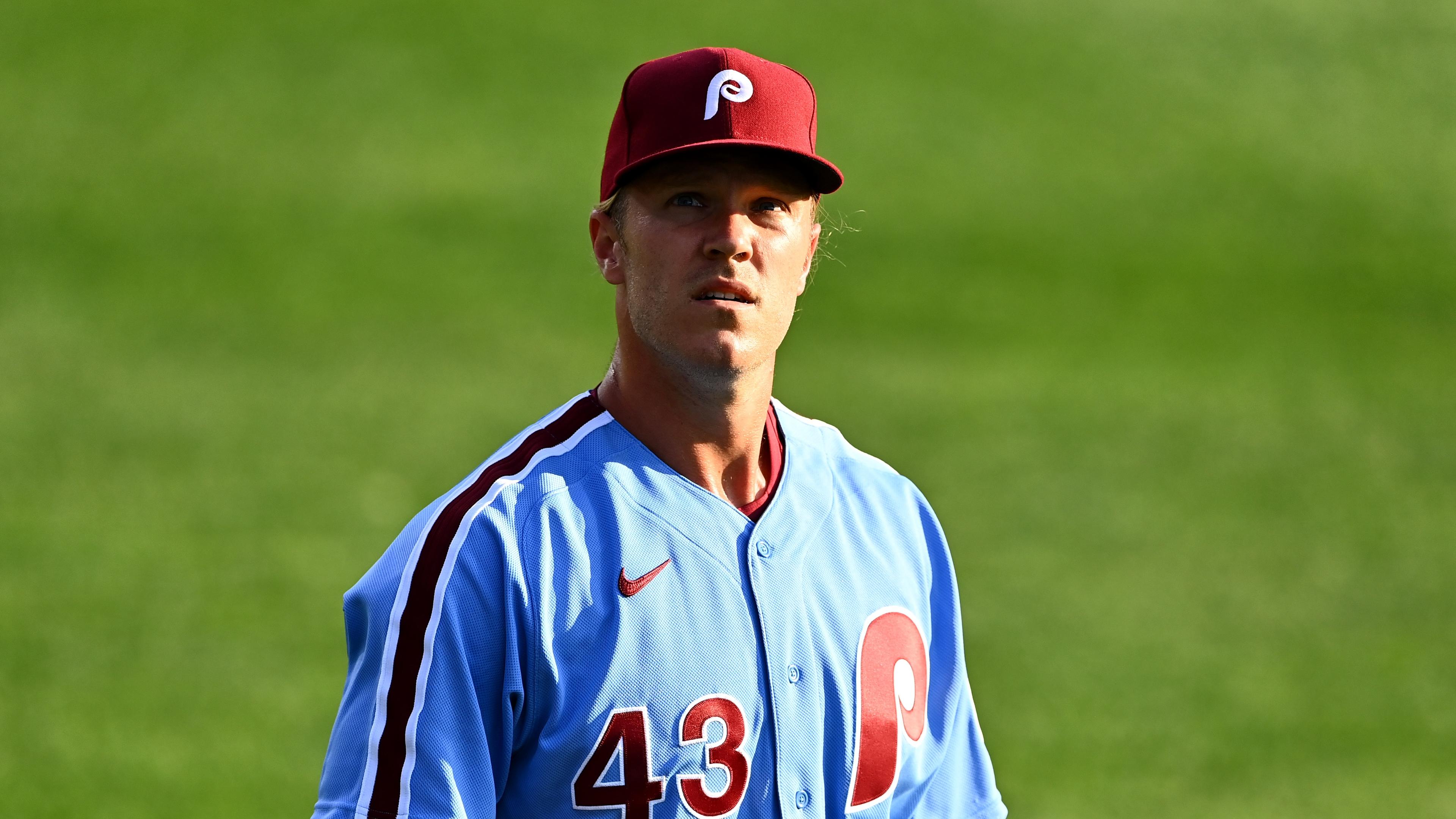 Aug 4, 2022; Philadelphia, Pennsylvania, USA; Philadelphia Phillies pitcher Noah Syndergaard (43) warms up before the game against the Washington Nationals at Citizens Bank Park. Mandatory Credit: Kyle Ross-USA TODAY Sports