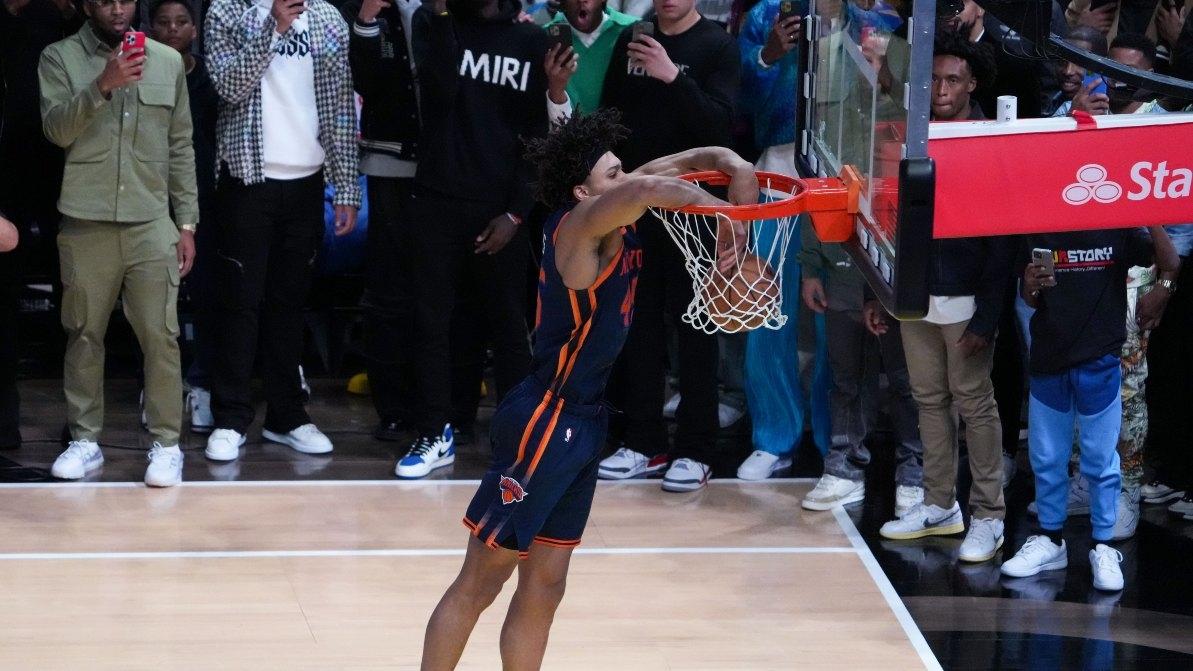 New York Knicks center Jericho Sims dunks in the Dunk Contest during the 2023 All Star Saturday Night at Vivint Arena.