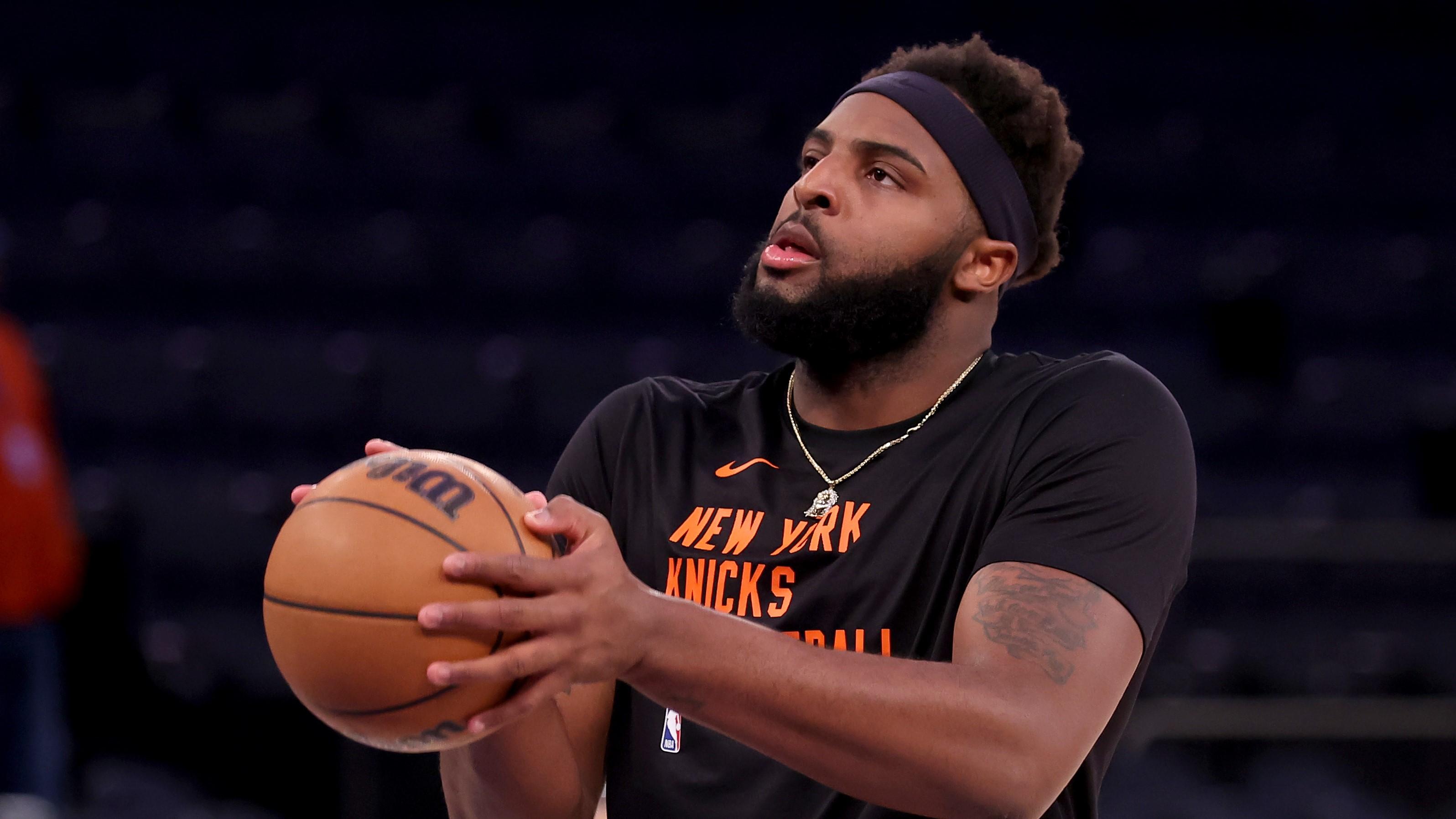 Apr 30, 2024; New York, New York, USA; New York Knicks center Mitchell Robinson (23) warms up before game five of the first round of the 2024 NBA playoffs against the Philadelphia 76ers at Madison Square Garden. Mandatory Credit: Brad Penner-USA TODAY Sports