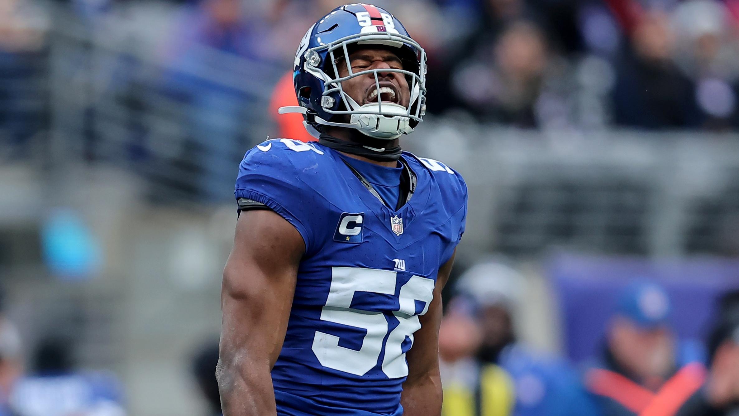 USA; New York Giants linebacker Bobby Okereke (58) celebrates his sack against the Los Angeles Rams during the second quarter at MetLife Stadium