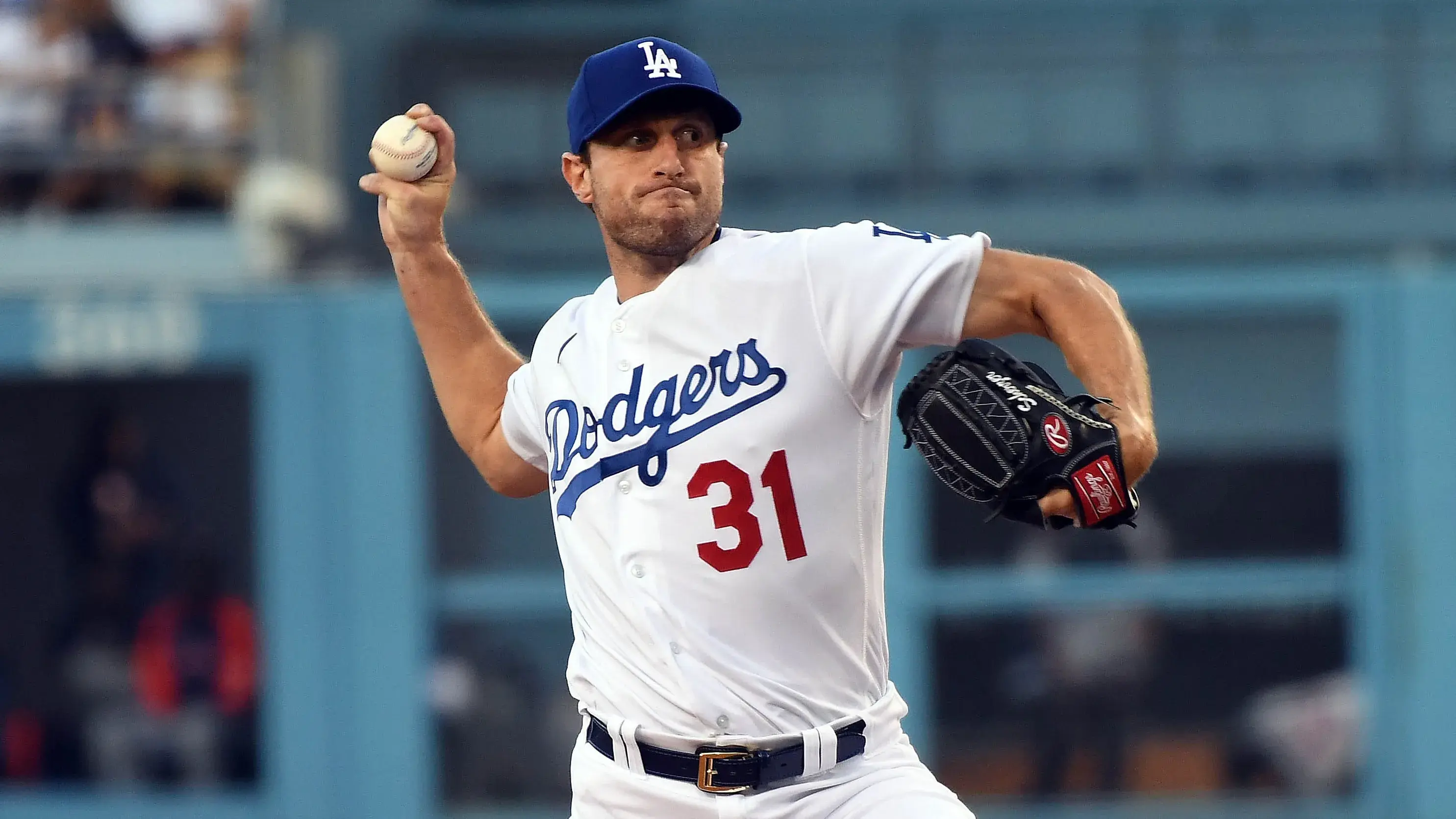 Aug 4, 2021; Los Angeles, California, USA; Los Angeles Dodgers starting pitcher Max Scherzer (31) throws against the Houston Astros during the second inning at Dodger Stadium. / Richard Mackson-USA TODAY Sports