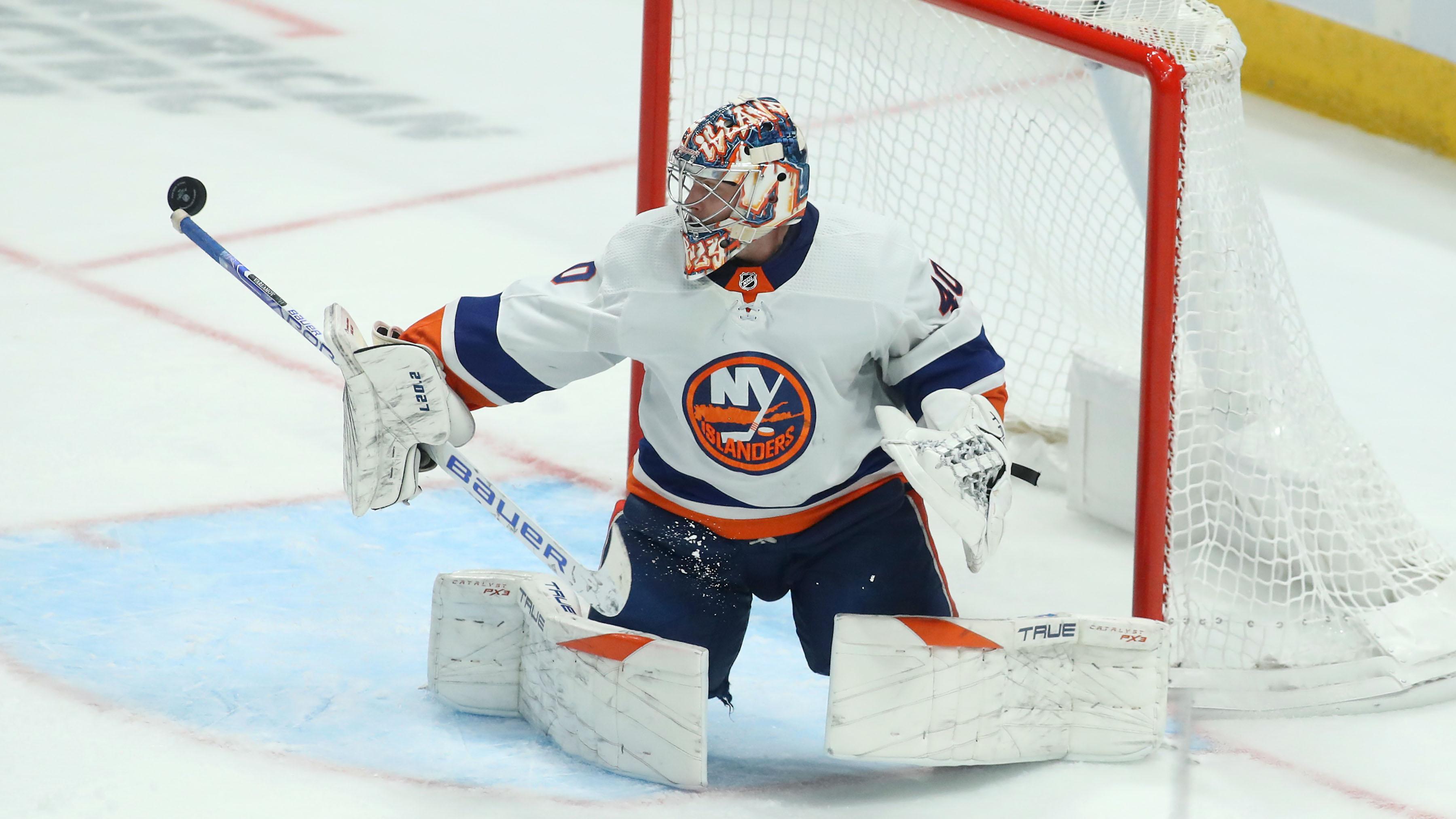 New York Islanders goaltender Semyon Varlamov (40) makes a save during the third period against the Columbus Blue Jackets at Nationwide Arena.