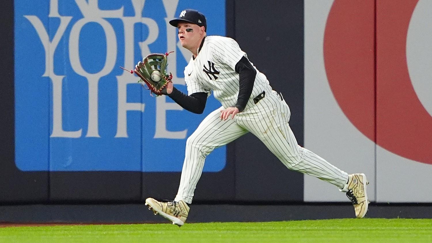 Apr 8, 2024; Bronx, New York, USA; New York Yankees left fielder Alex Verdugo (24) catches a line drive hit by Miami Marlins second baseman Luis Arraez (not pictured) during the sixth inning at Yankee Stadium. 