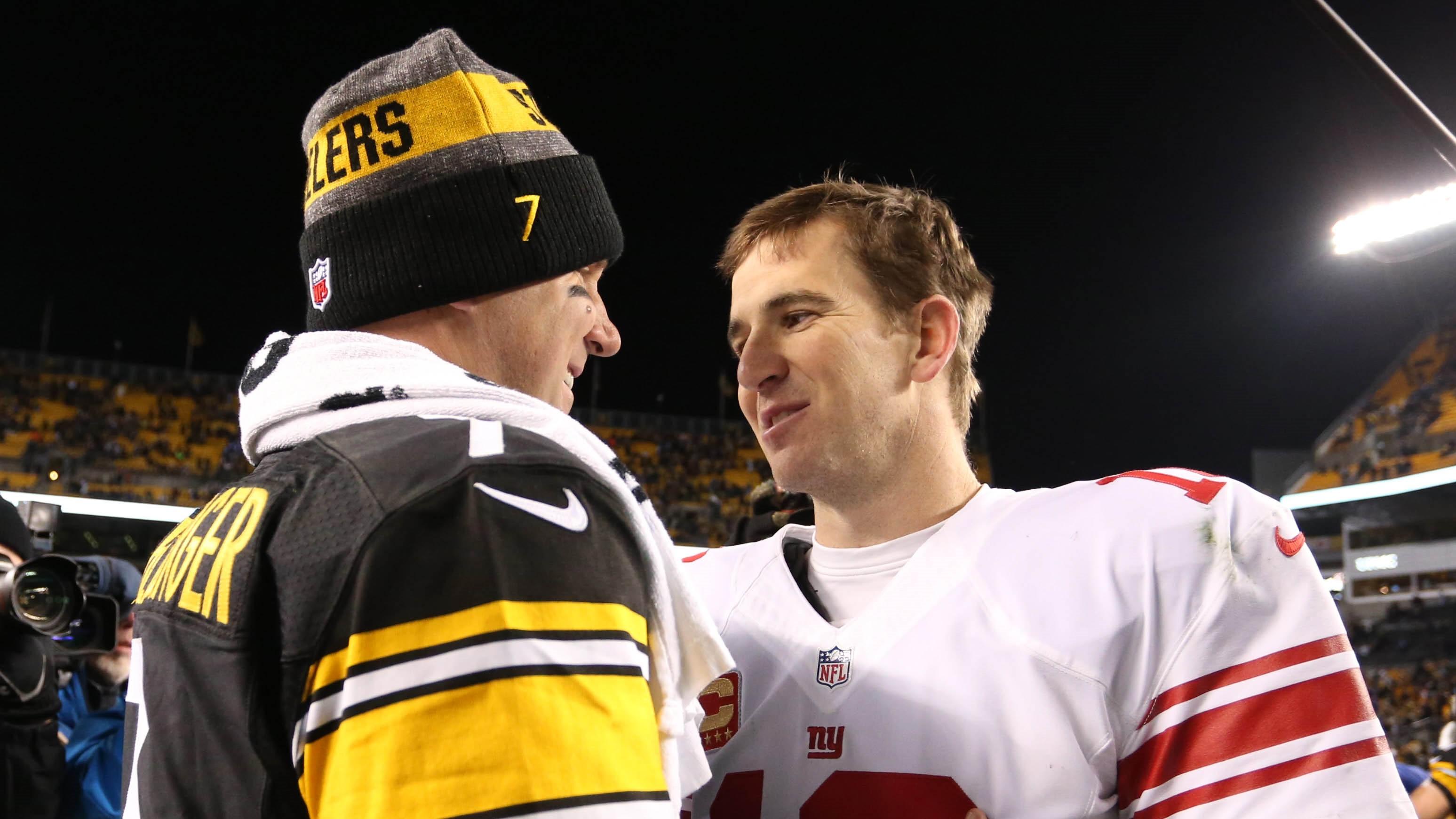 Pittsburgh Steelers quarterback Ben Roethlisberger (7) and New York Giants quarterback Eli Manning (10) meet after their game at Heinz Field. The Steelers won 24-14.