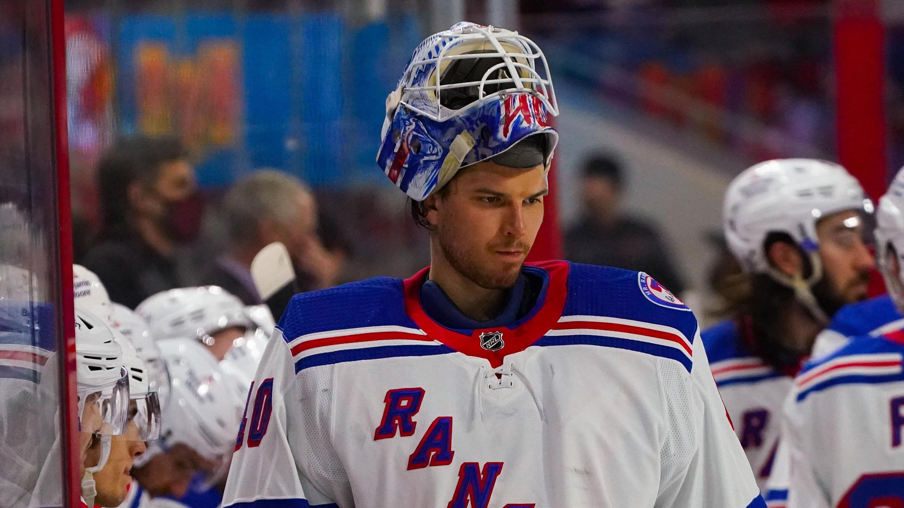 New York Rangers goaltender Alexandar Georgiev (40) looks on against the Carolina Hurricanes during the third period at PNC Arena.