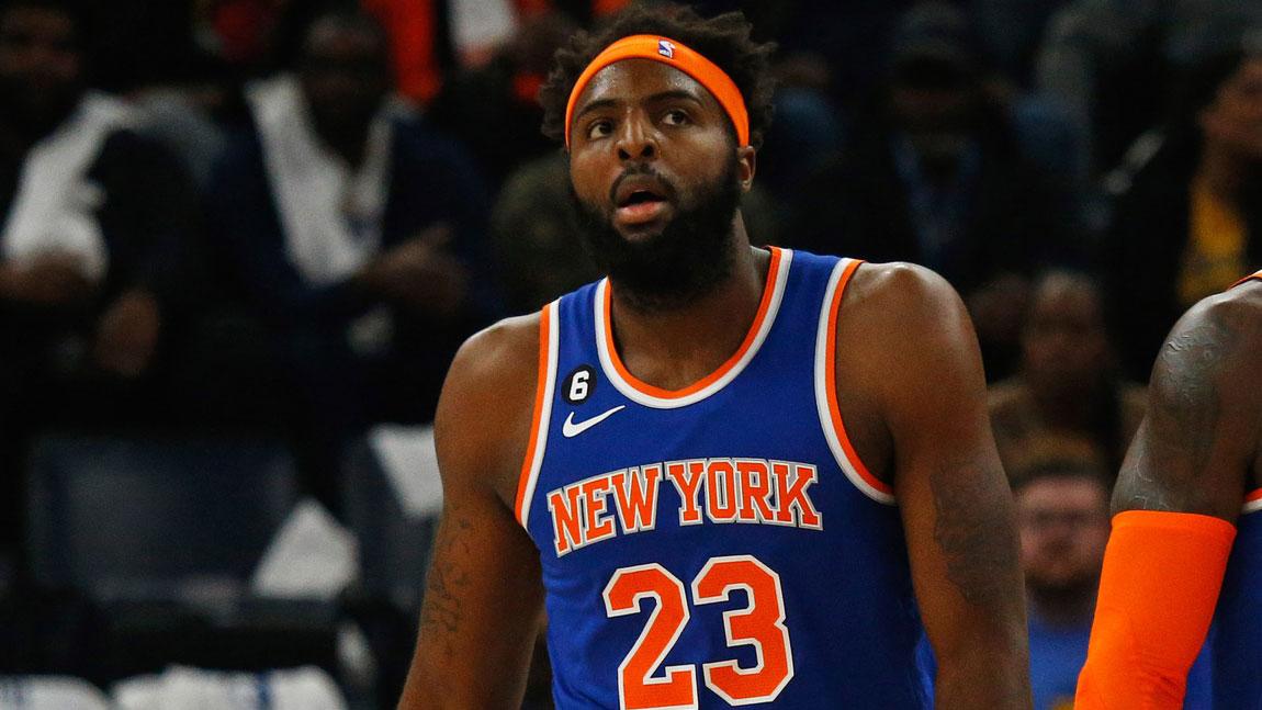 Oct 19, 2022; Memphis, Tennessee, USA; New York Knicks center Mitchell Robinson (23) and New York Knicks forward Julius Randle (30) walk up court during the first half against the Memphis Grizzlies at FedExForum.