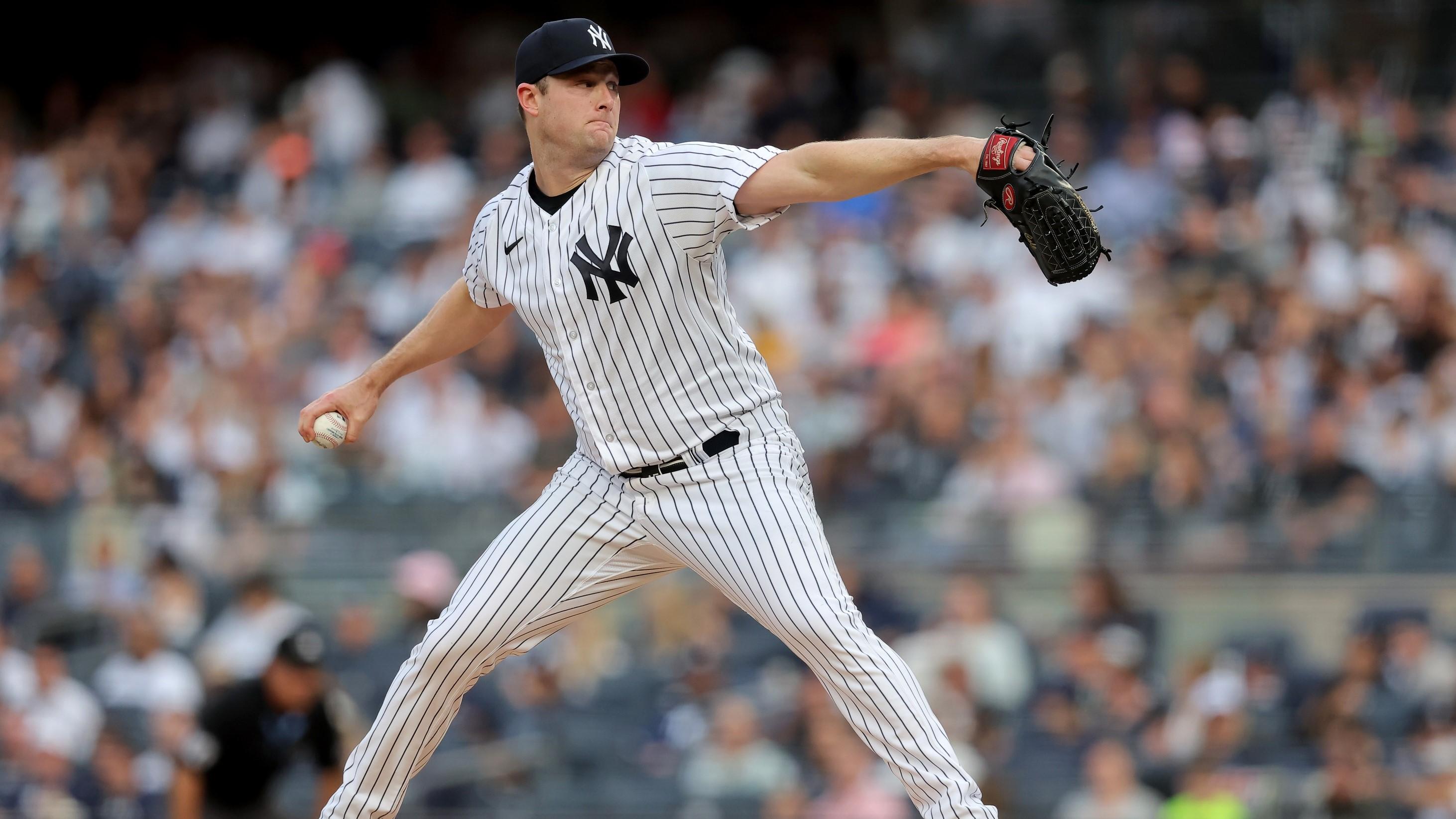 Jun 20, 2023; Bronx, New York, USA; New York Yankees starting pitcher Gerrit Cole (45) pitches against the Seattle Mariners during the first inning at Yankee Stadium.